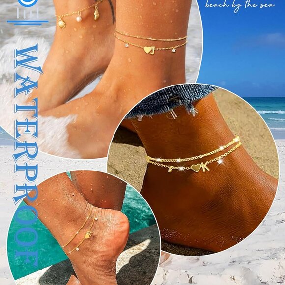 Gold Silver Ankle Bracelets for Women 14k Gold Plated Initial Anklets for Women - Picture 3 of 8